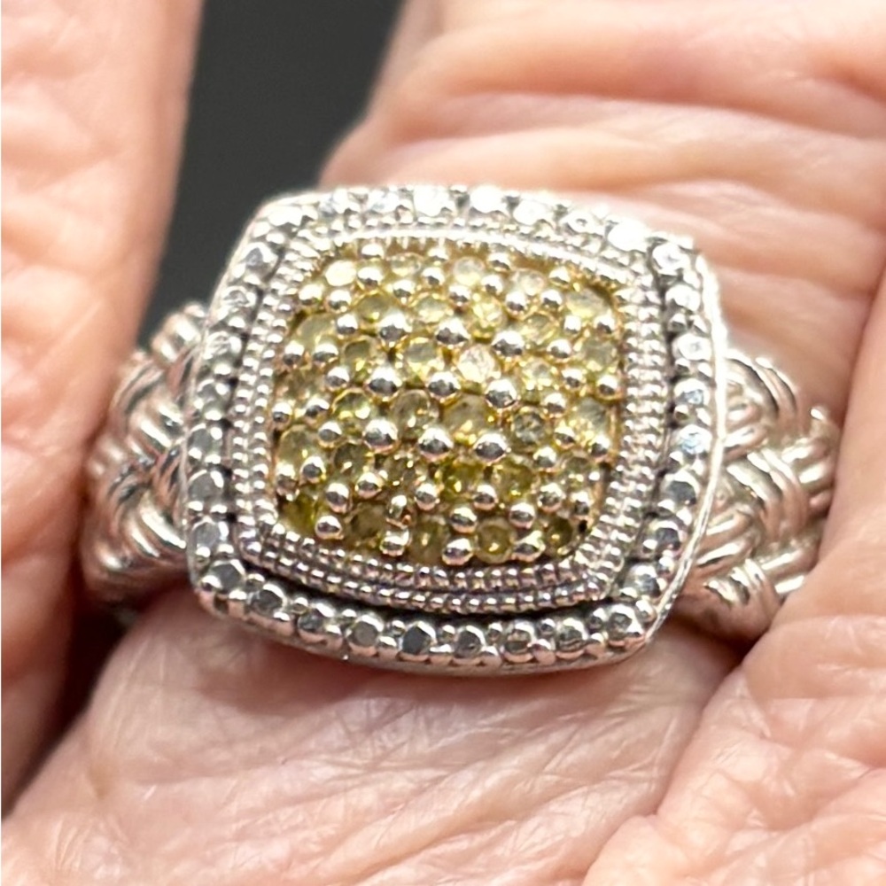 A Size 7 Yellow Diamond ring in a Sterling Silver setting signed JS